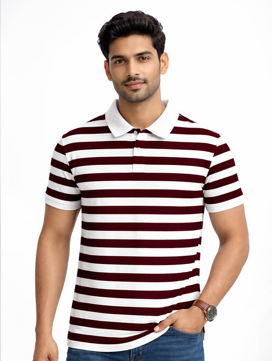 Maroon, White Striped Printed Polo