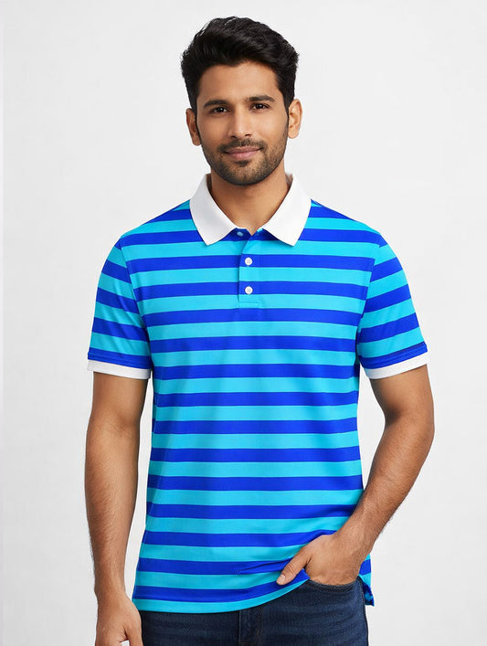 Blue Sky-blue Striped Printed Polo