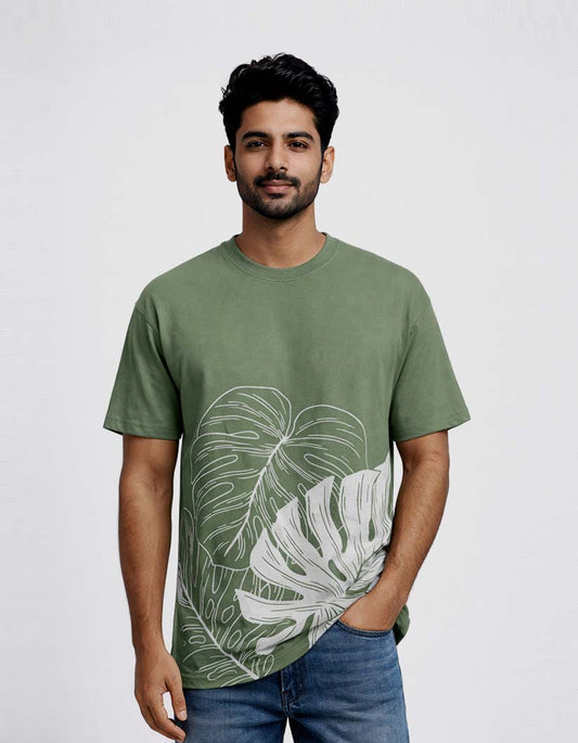 Big Leaf Print Round Neck T-Shirt