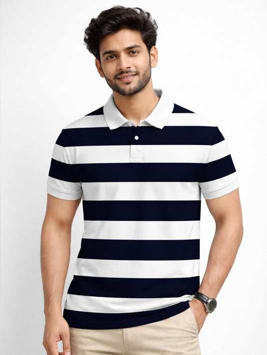 Navy Blue White Striped Printed Polo