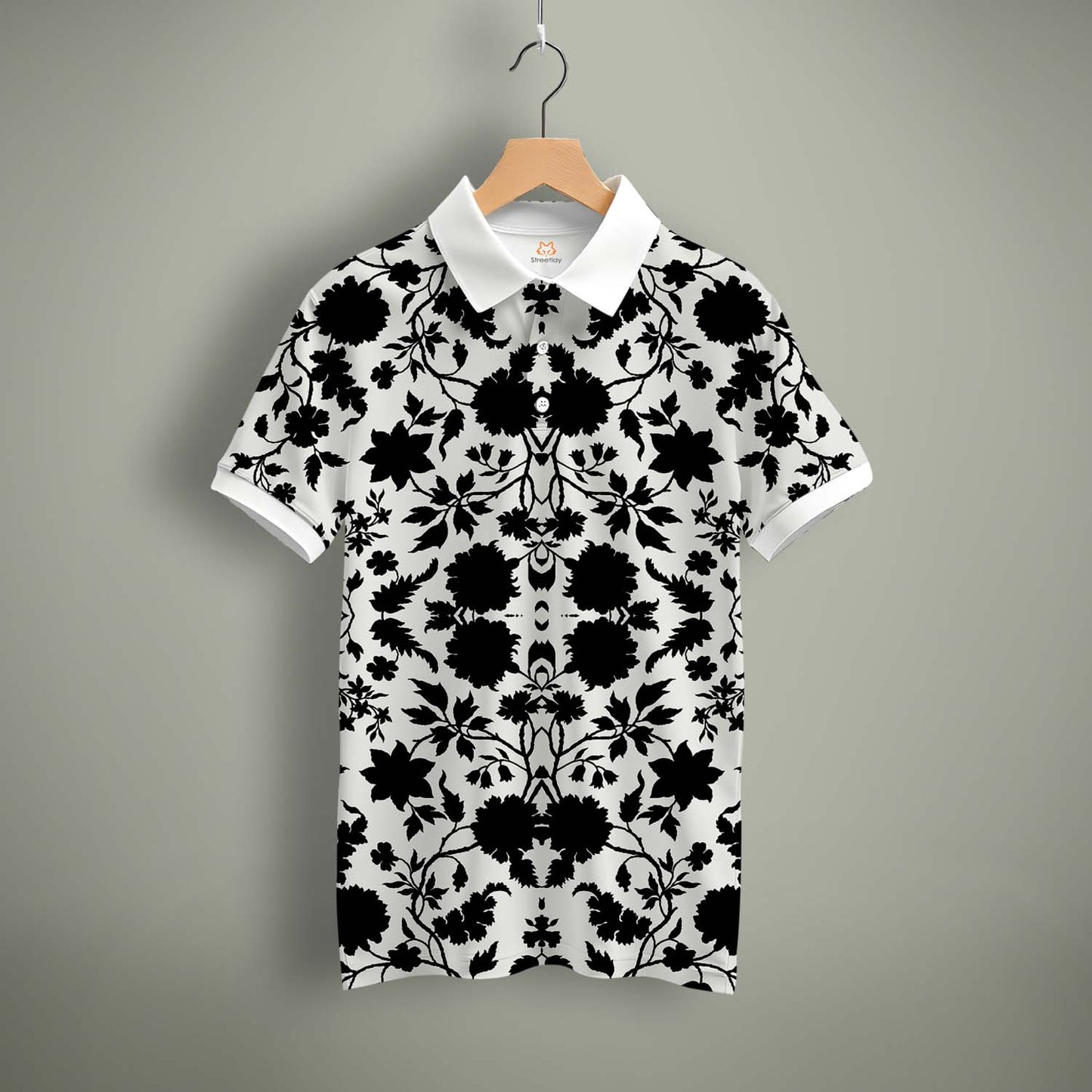 Black Floral Print Polo Tee