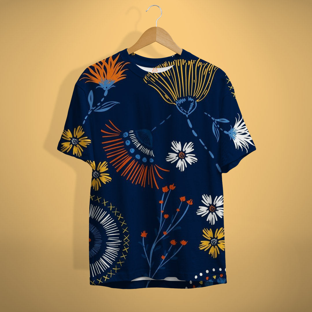 Navy Orange Floral Print T-Shirt