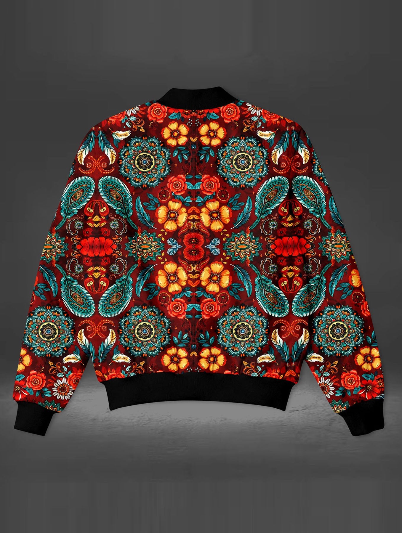 Dark Red Floral Art Bomber Jacket