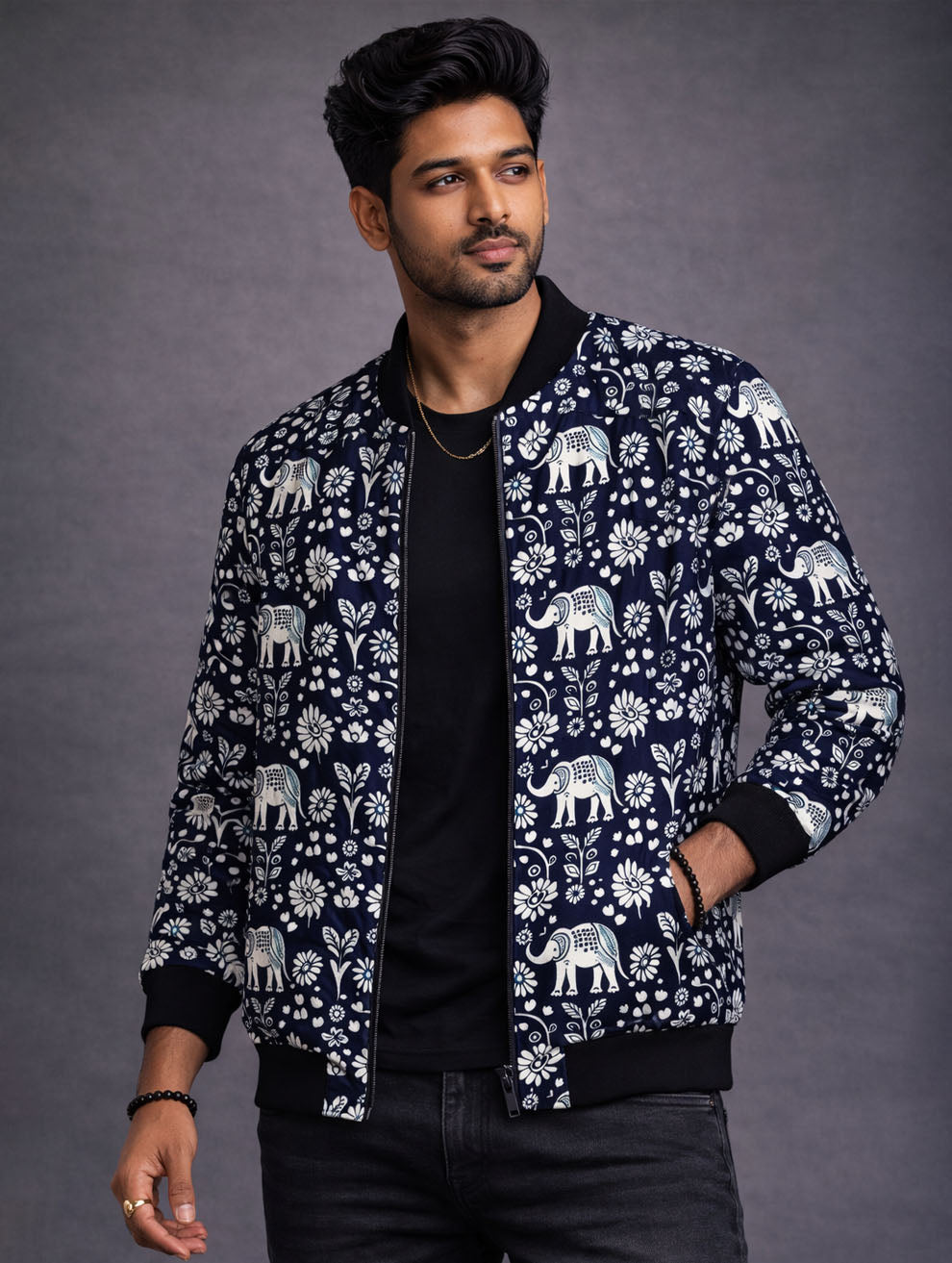 Men's Blue Elephant Pattern Bomber Jacket