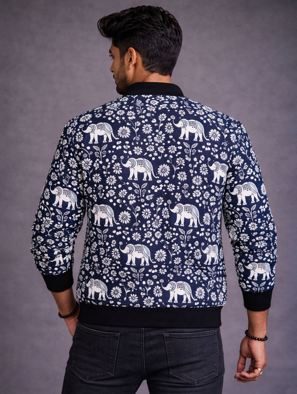 Men's Blue Elephant Pattern Bomber Jacket