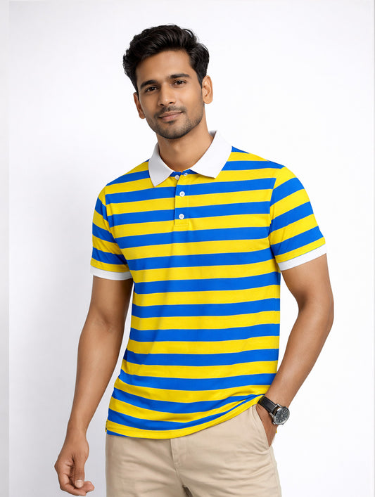 Yellow, Blue Striped Printed Polo