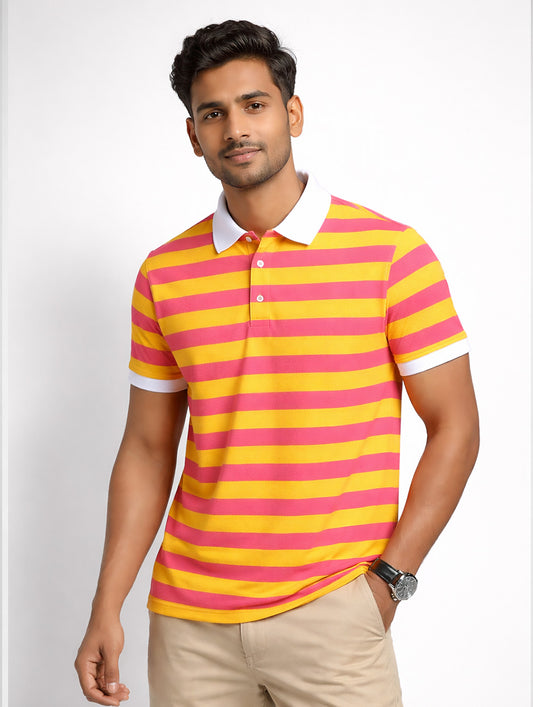 Yellow, Pink Striped Printed Polo