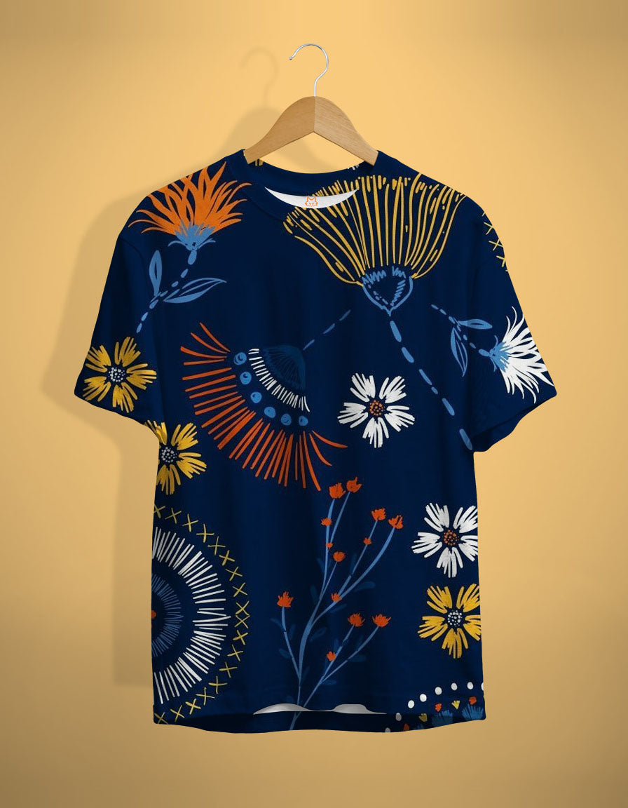 Navy Orange Floral Print T-Shirt