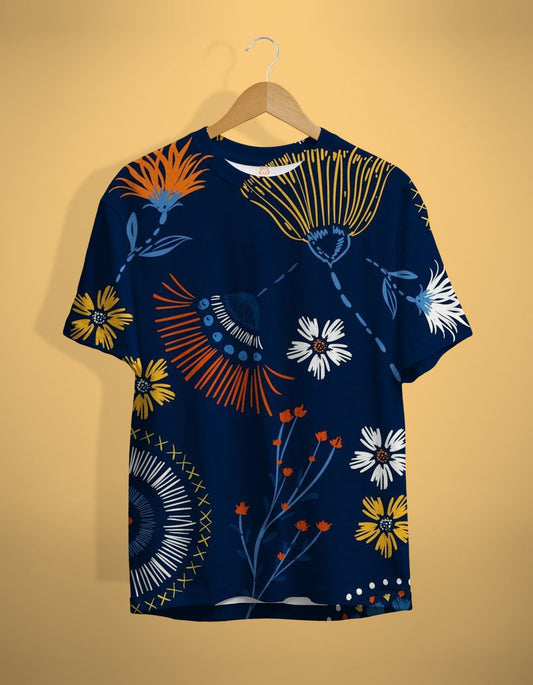 Navy Orange Floral Print T-Shirt