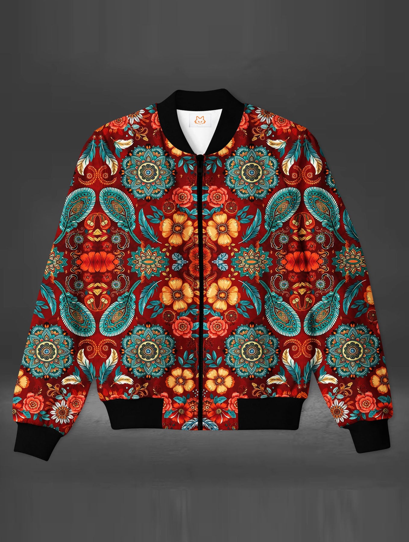 Dark Red Floral Art Bomber Jacket