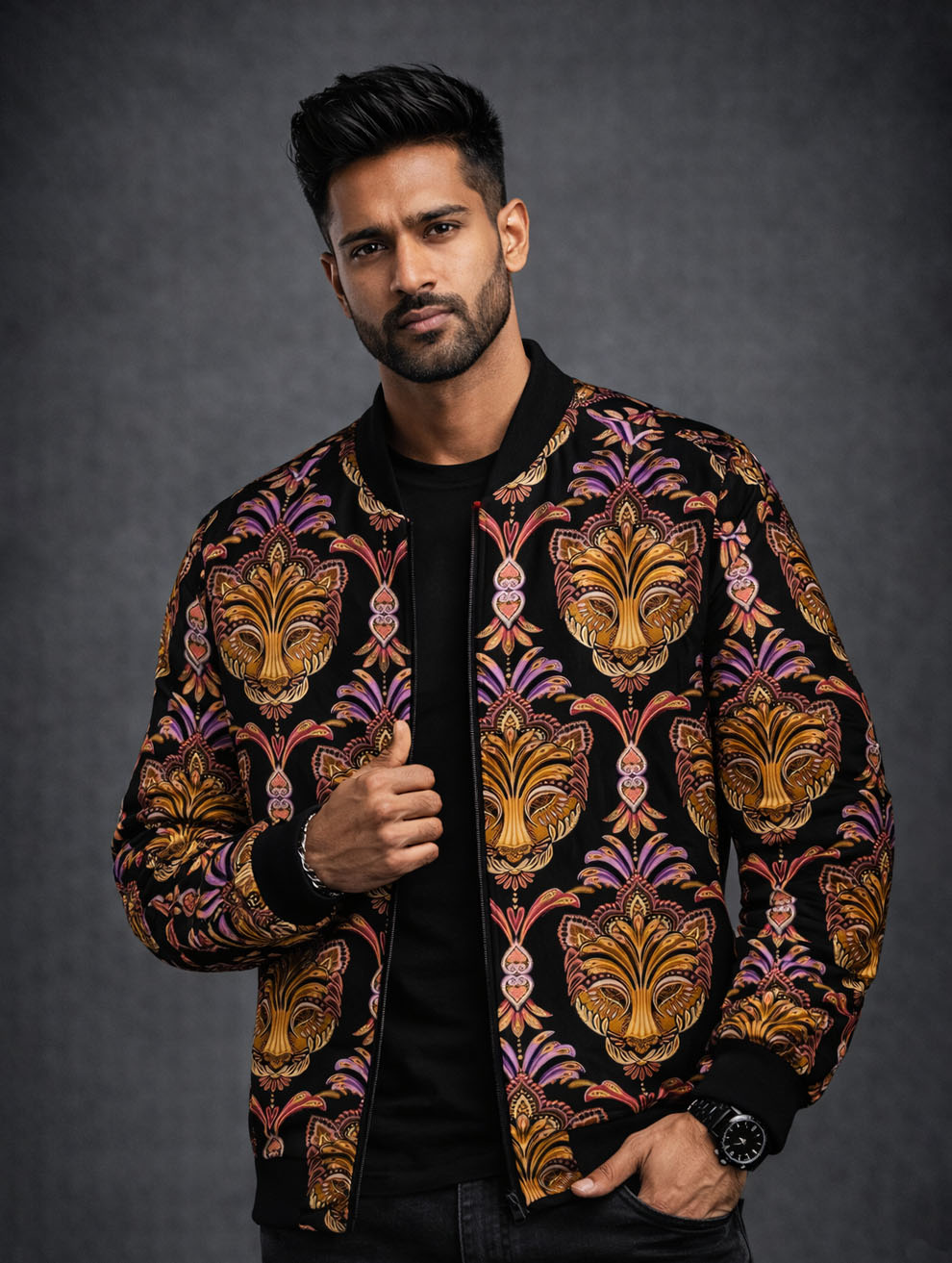 Men's Tiger Mask Printed Bomber Jacket