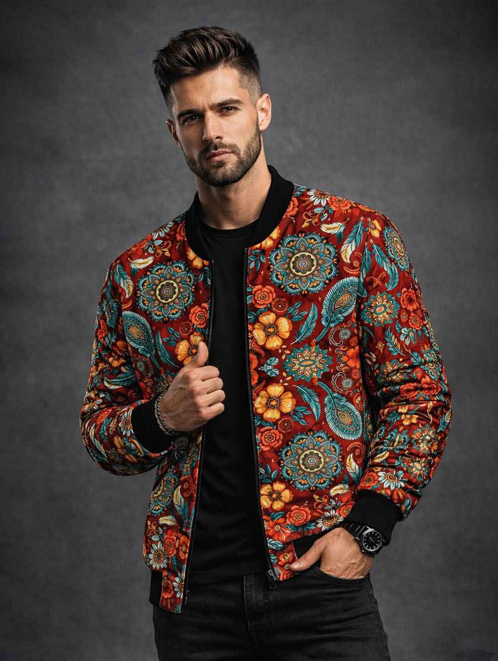 Dark Red Floral Art Bomber Jacket