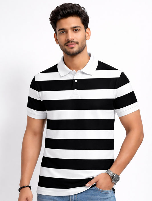 Black, White Striped Printed Polo