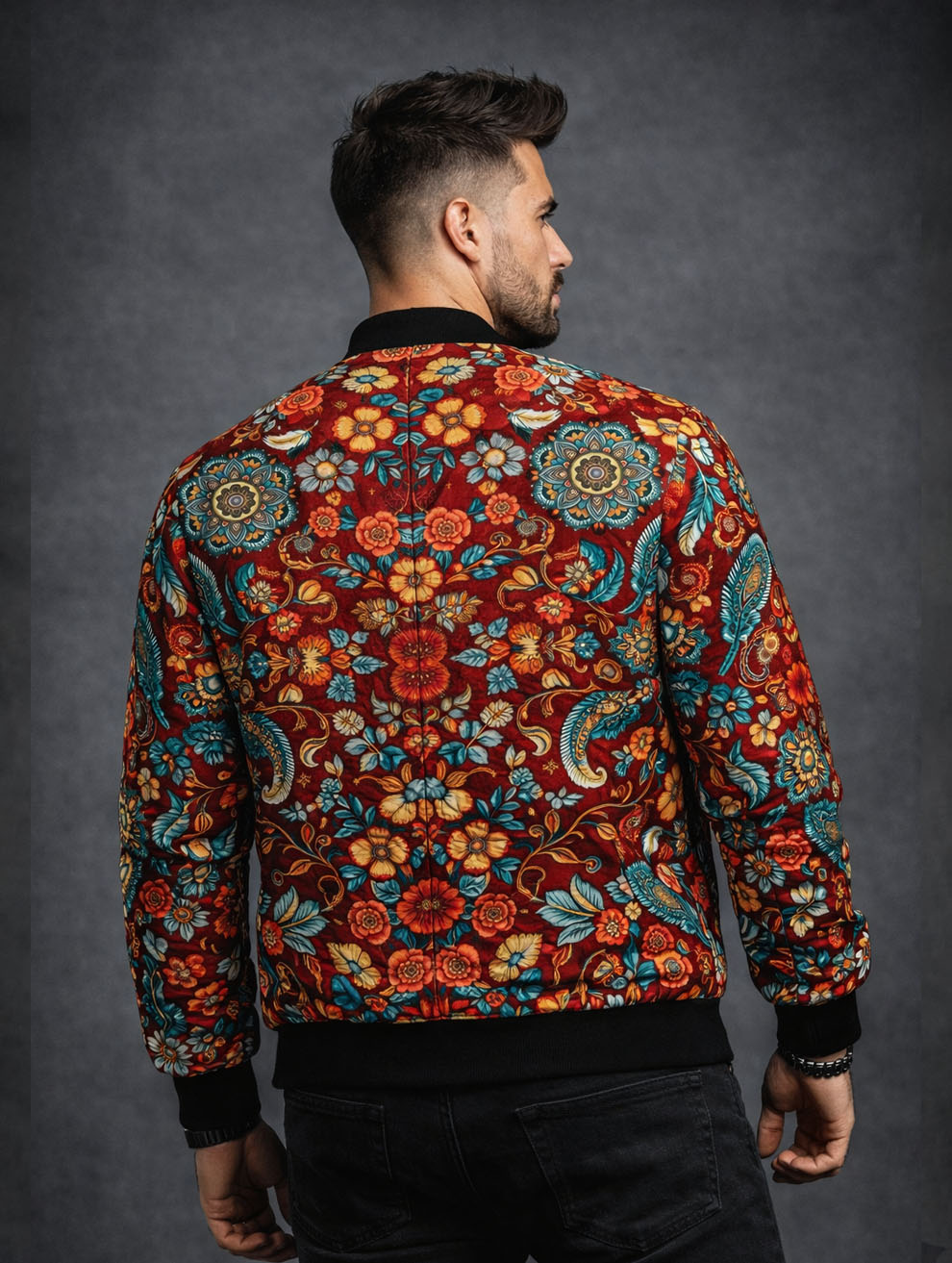 Dark Red Floral Art Bomber Jacket