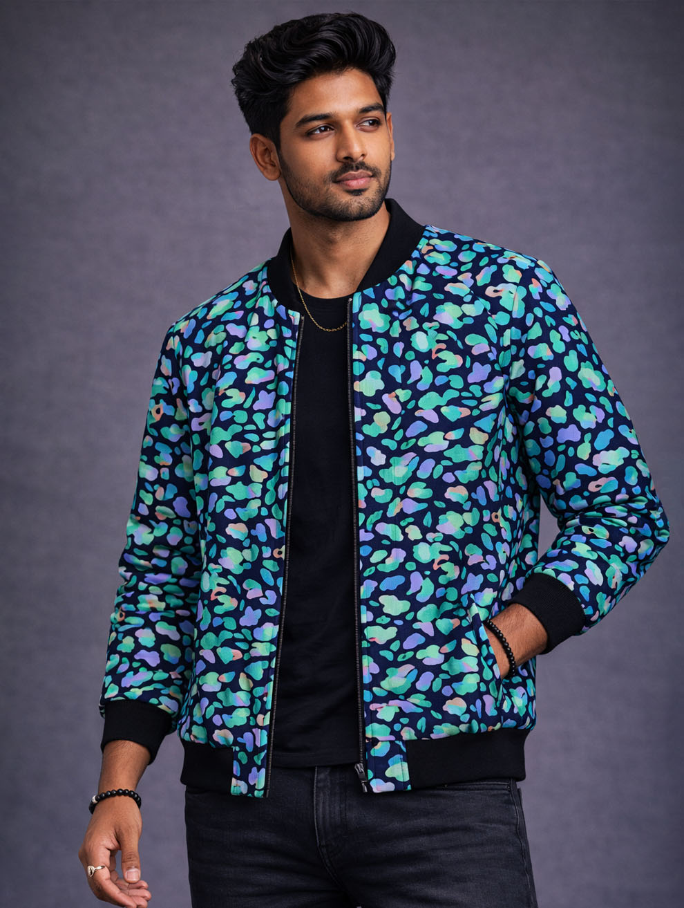 Men's Abstract Pattern Blue Bomber Jacket