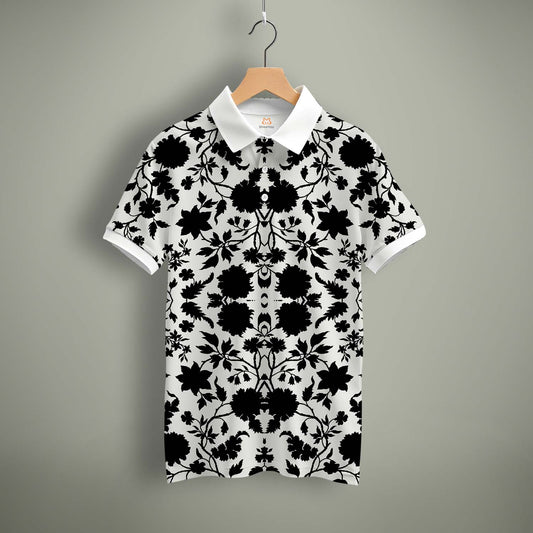 Black Floral Print Polo Tee