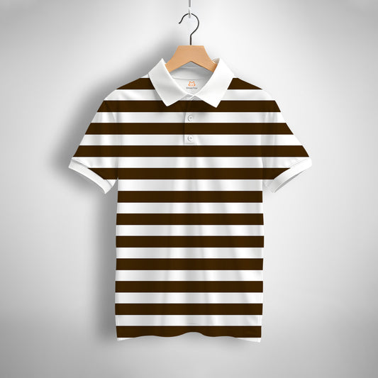 Brown, White Striped Printed Polo