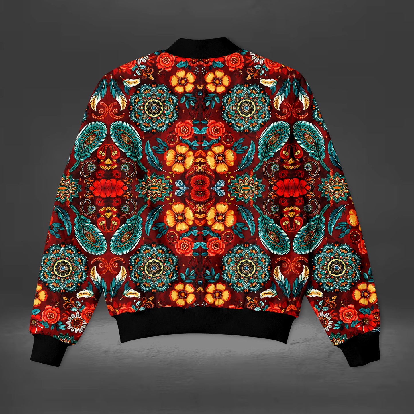 Dark Red Floral Art Bomber Jacket
