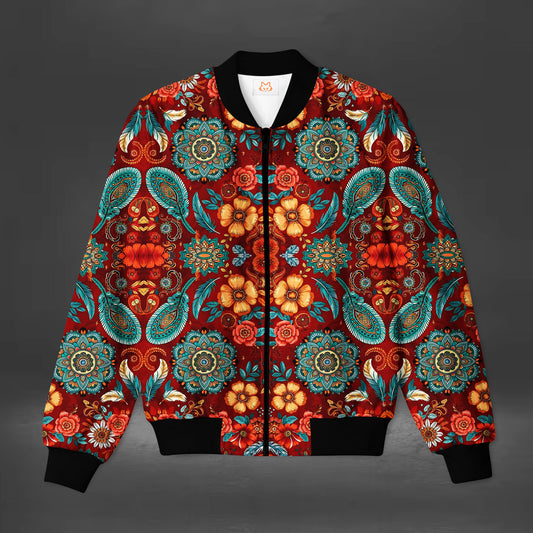 Dark Red Floral Art Bomber Jacket