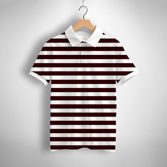 Maroon, White Striped Printed Polo