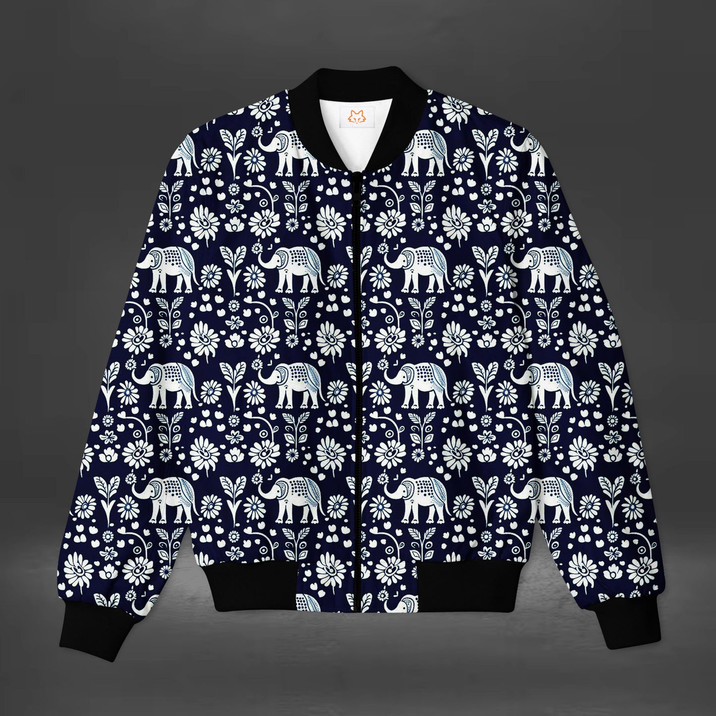 Men's Blue Elephant Pattern Bomber Jacket