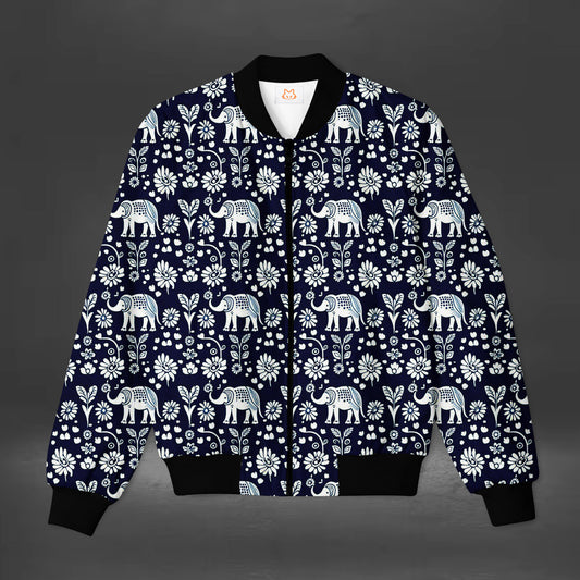 Men's Blue Elephant Pattern Bomber Jacket