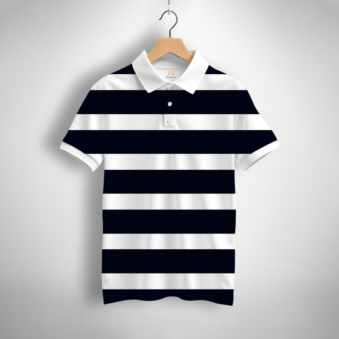 Navy Blue White Striped Printed Polo