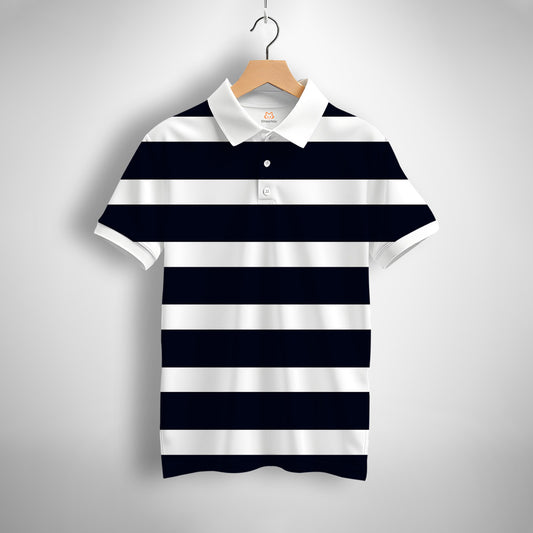 Navy Blue White Striped Printed Polo
